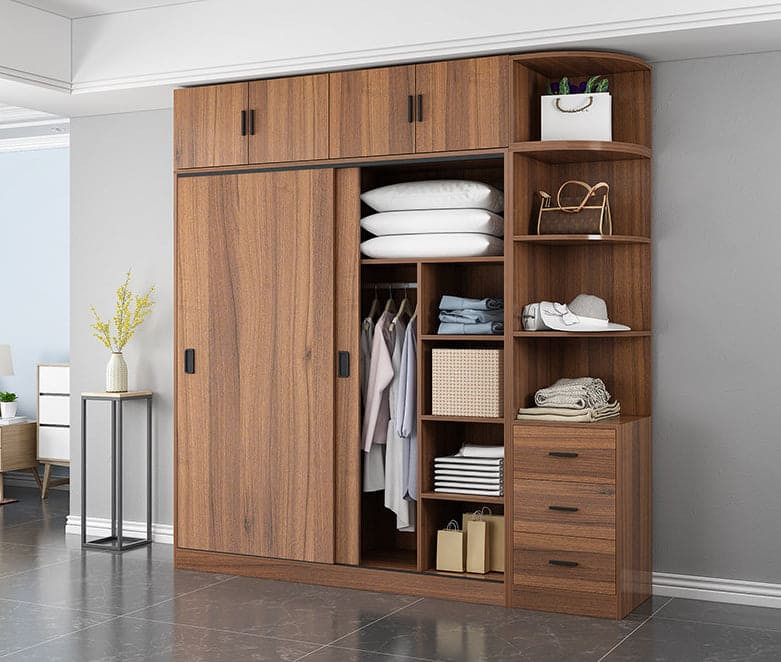 Tủ quần áo kịch trần vân gỗ kết hợp kệ mở