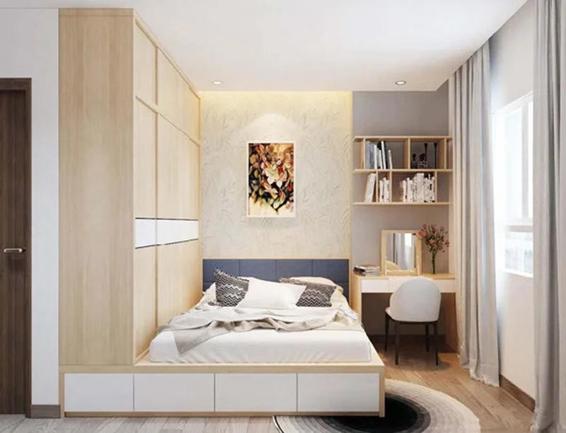  Giường liền tủ đặt sát góc phòng có bàn trang điểm 