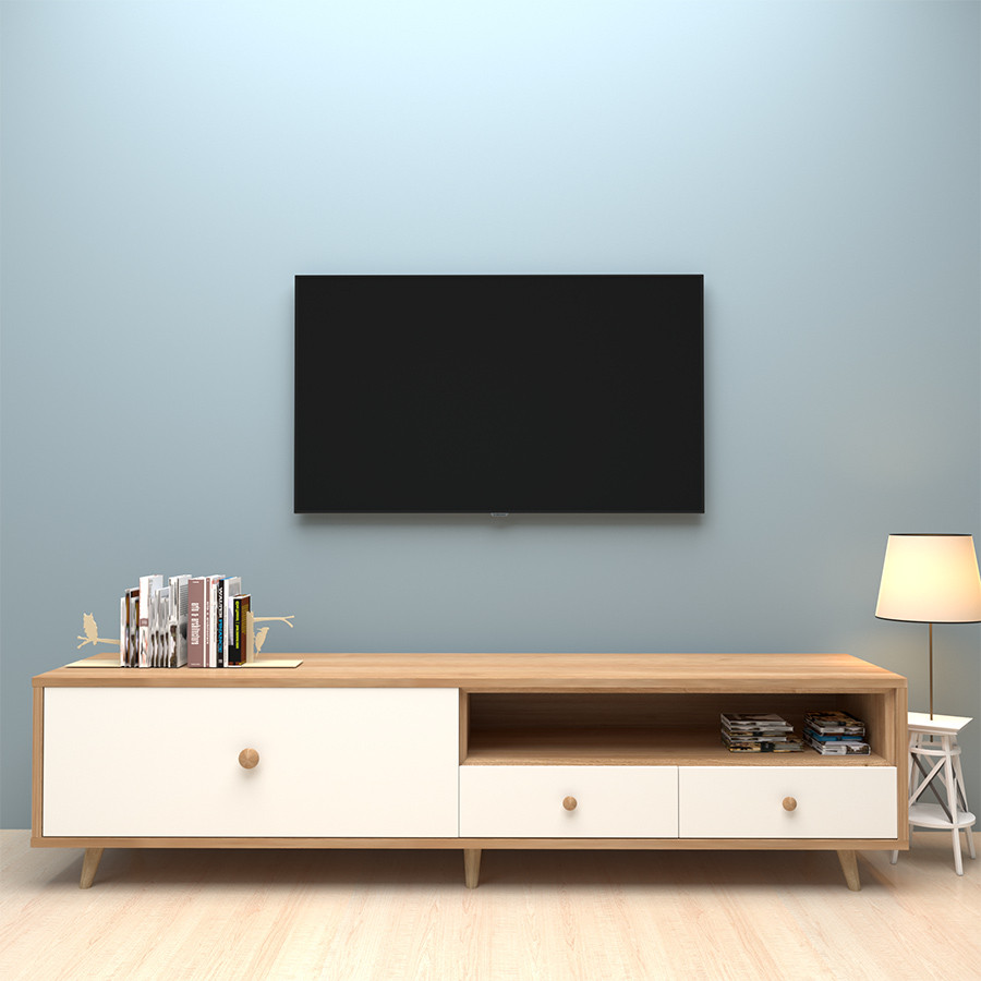  Kệ tivi 1m5 với ba ngăn kéo và một hộc trống