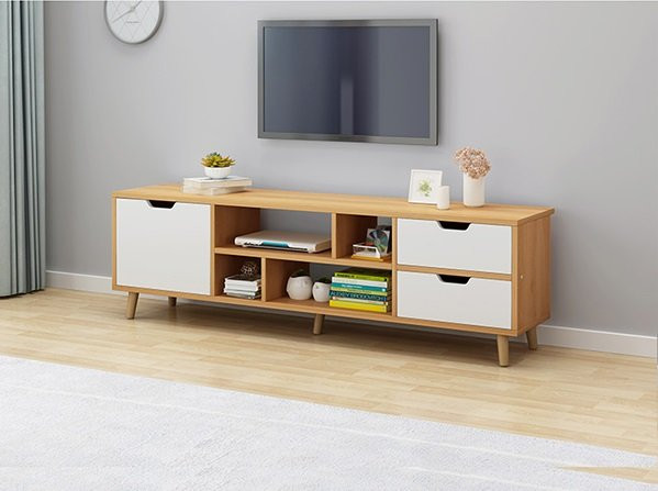  Kệ tivi phối trắng – gỗ, tích hợp ngăn kéo và kệ mở