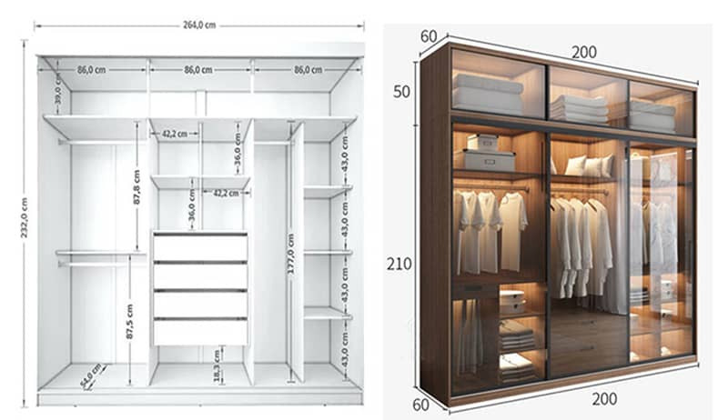 Kích thước từng khoang trong tủ quần áo âm tường