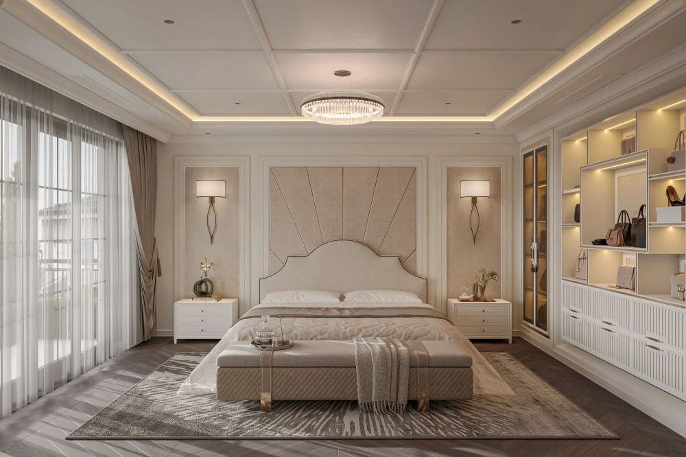 Phòng ngủ 25m2 bố trí hệ tủ lưu trữ lớn