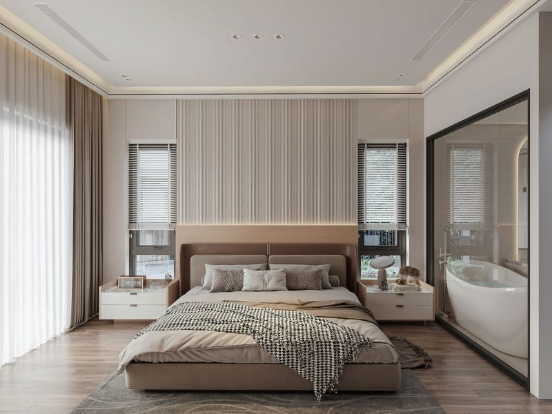 Phòng ngủ 25m2 hiện đại có không gian phụ trợ