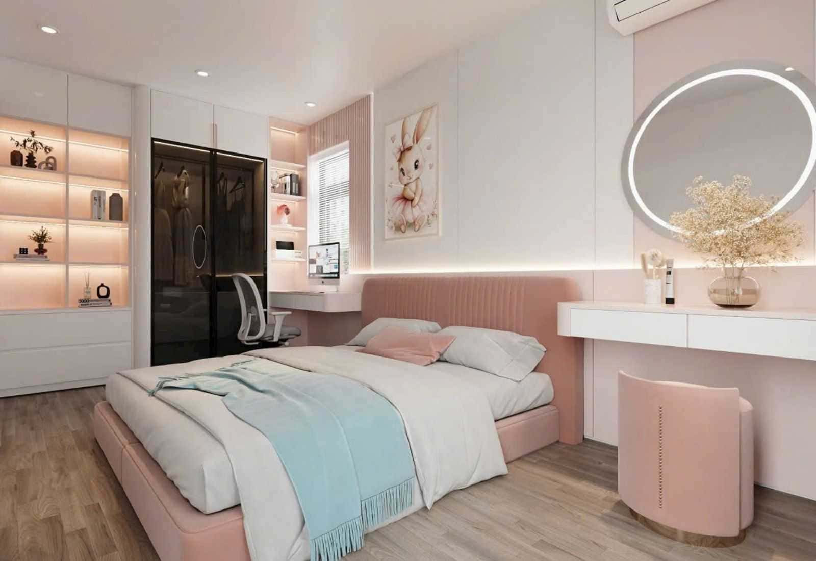 Phòng ngủ bé gái kết hợp bàn trang điểm nhỏ