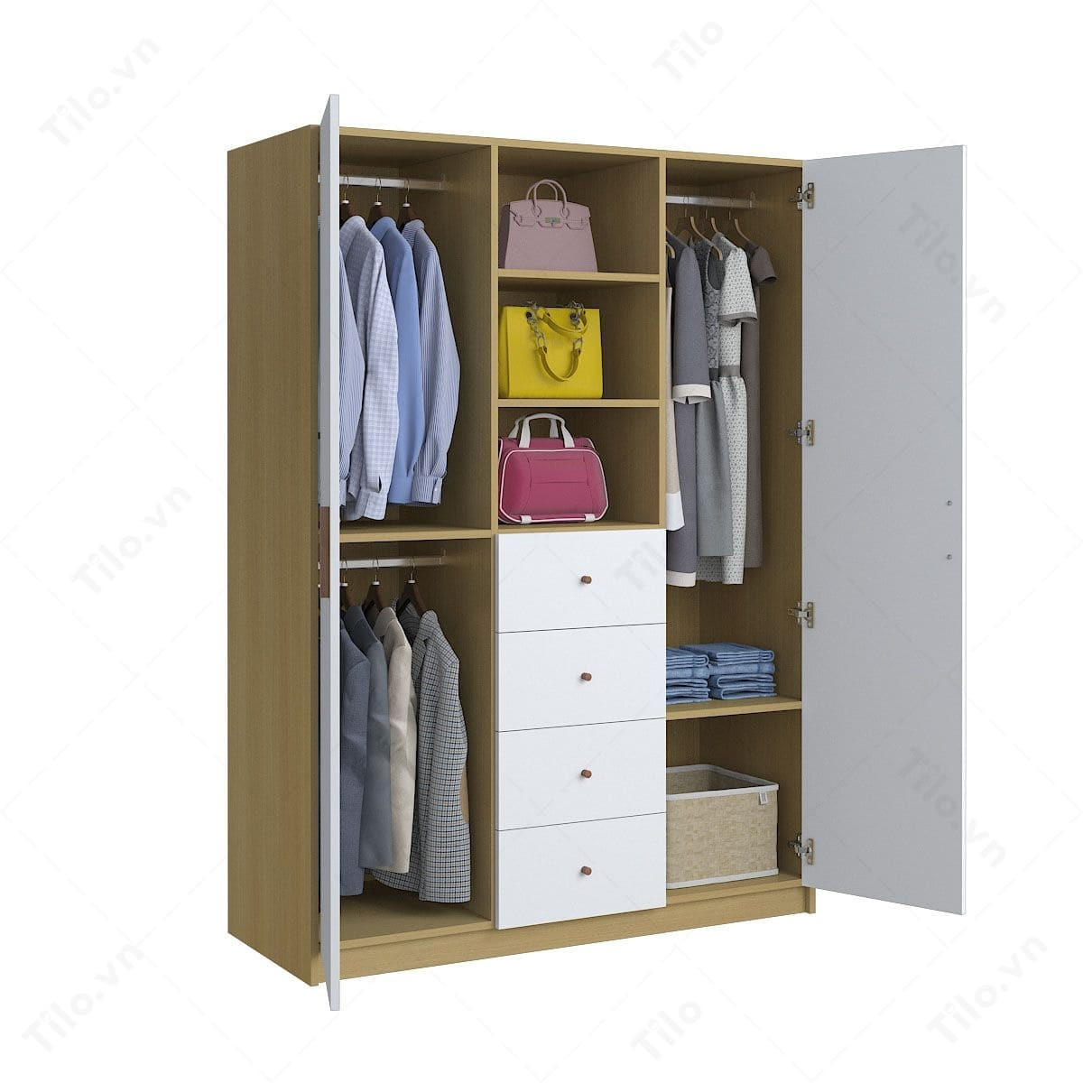 Tủ quần áo 1m4 MDF đa năng nhiều ngăn chứa và kệ trang trí