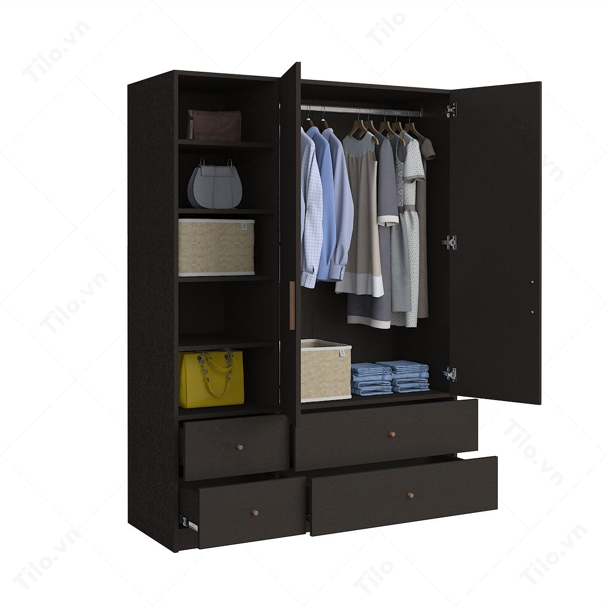Tủ quần áo 1m6 có kệ mở và hộc kéo