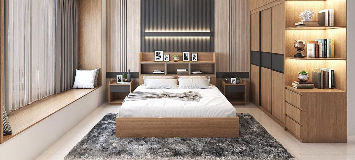 Phòng ngủ 30m2 bố trí liền mạch giường và tủ