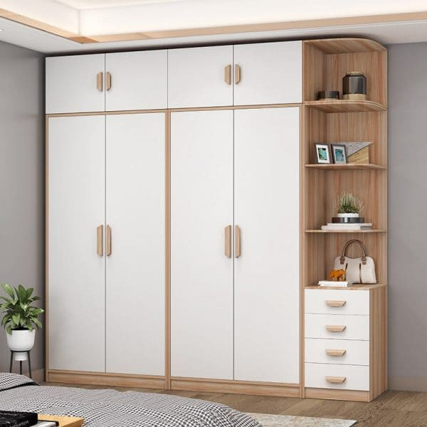 Mẫu tủ quần áo 4 cánh có hộc kệ và ngăn kéo ngoài