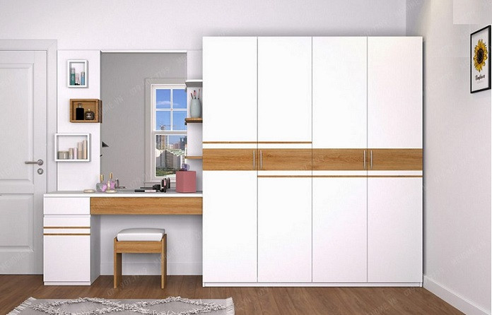  Tủ quần áo MDF trắng kết hợp bàn trang điểm liền mạch