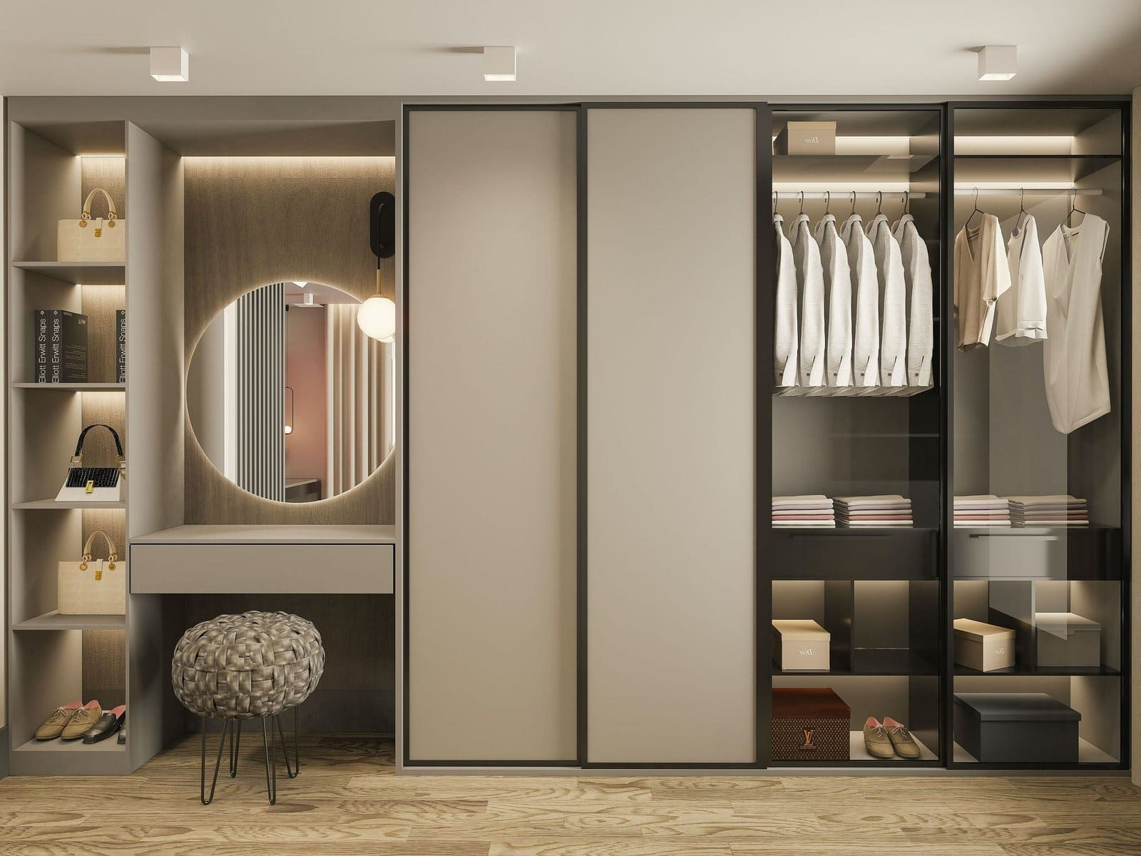  Tủ MDF hiện đại với bàn trang điểm gương tròn