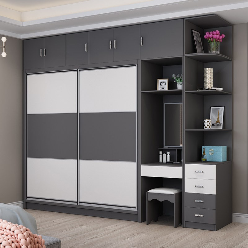  Tủ MDF cửa lùa màu xám trắng tích hợp bàn trang điểm kệ mở