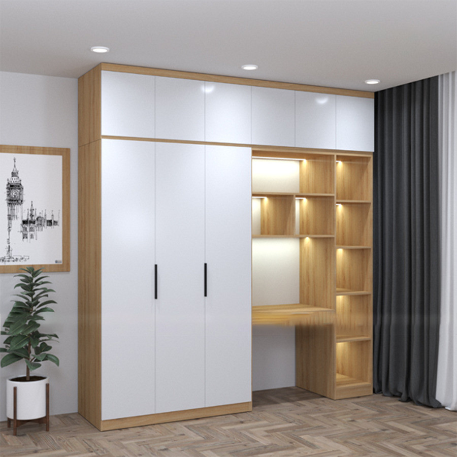  Tủ quần áo MDF trắng vân gỗ sáng kết hợp bàn làm việc kiêm bàn trang điểm