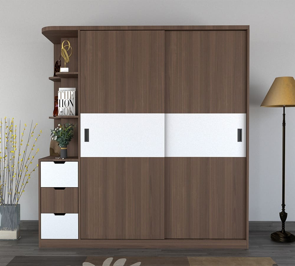 Tủ quần áo cánh lùa gỗ nâu phối trắng có kệ góc