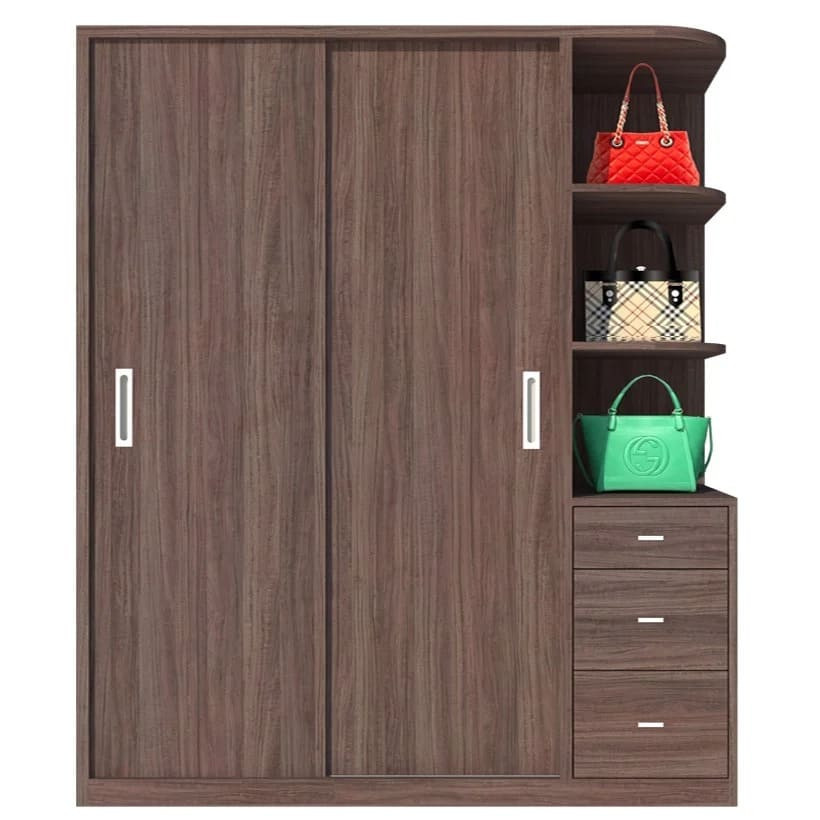 Tủ quần áo gỗ nâu tối có kệ góc trưng bày