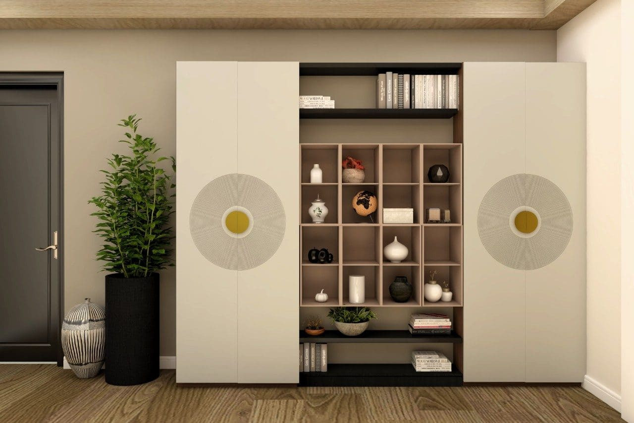 Tủ quần áo kết hợp kệ trang trí trung tâm phong cách đối xứng