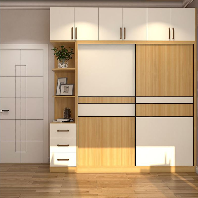  Tủ cửa lùa đối xứng kết hợp ngăn kéo và kệ mở