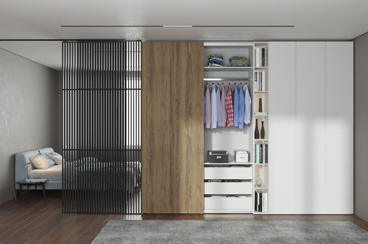 Mẫu tủ quần áo làm vách ngăn kết hợp lam trang trí và tủ mở