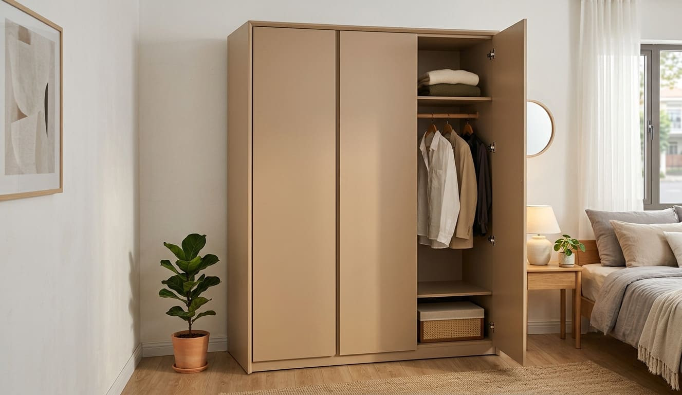 Tủ quần áo màu be với thiết kế cánh mở hiện đại
