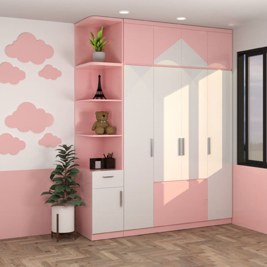 Tủ quần áo hồng trắng kết hợp kệ trang trí