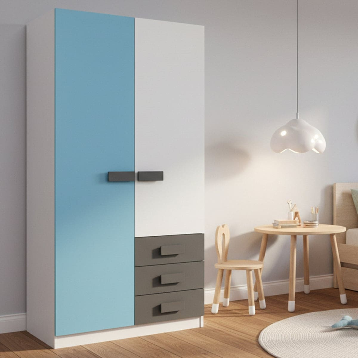 Tủ quần áo màu xanh pastel với thiết kế đơn giản