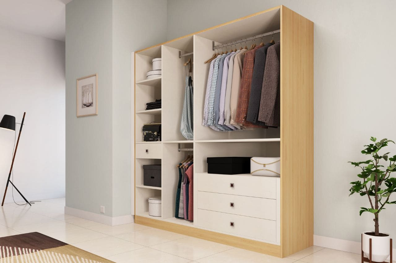 Tủ quần áo mở gỗ công nghiệp sáng màu